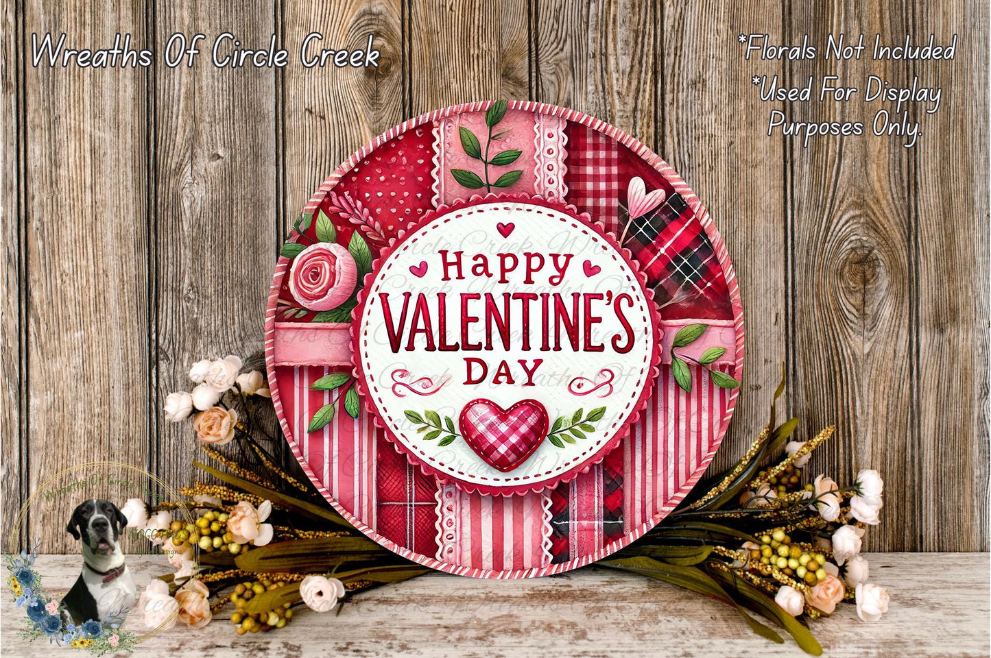 A decorative plate with a "Happy Valentine's Day" message, surrounded by flowers and a wooden background.