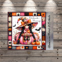 A Halloween-themed illustration featuring a young girl dressed as a witch, sitting on a pumpkin and surrounded by various Halloween-themed elements such as bats, pumpkins, and stars.