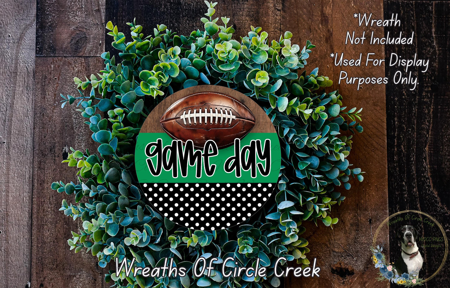 a wreath made of green and white foliage, with a football prominently displayed in the center. The wreath is described as a "Game day" wreath, suggesting it is a seasonal decoration for the celebration of a football game.
