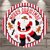 A festive Christmas-themed design featuring a smiling Santa Claus figure surrounded by various holiday-themed elements such as gingerbread men, lollipops, and presents.