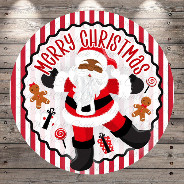 A festive Christmas-themed design featuring a smiling Santa Claus figure surrounded by various holiday-themed elements such as gingerbread men, lollipops, and presents.