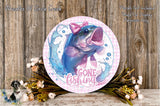 a round sign with a fish on it, surrounded by flowers and a wooden background. The sign has the text "GONE FISHING" written on it.