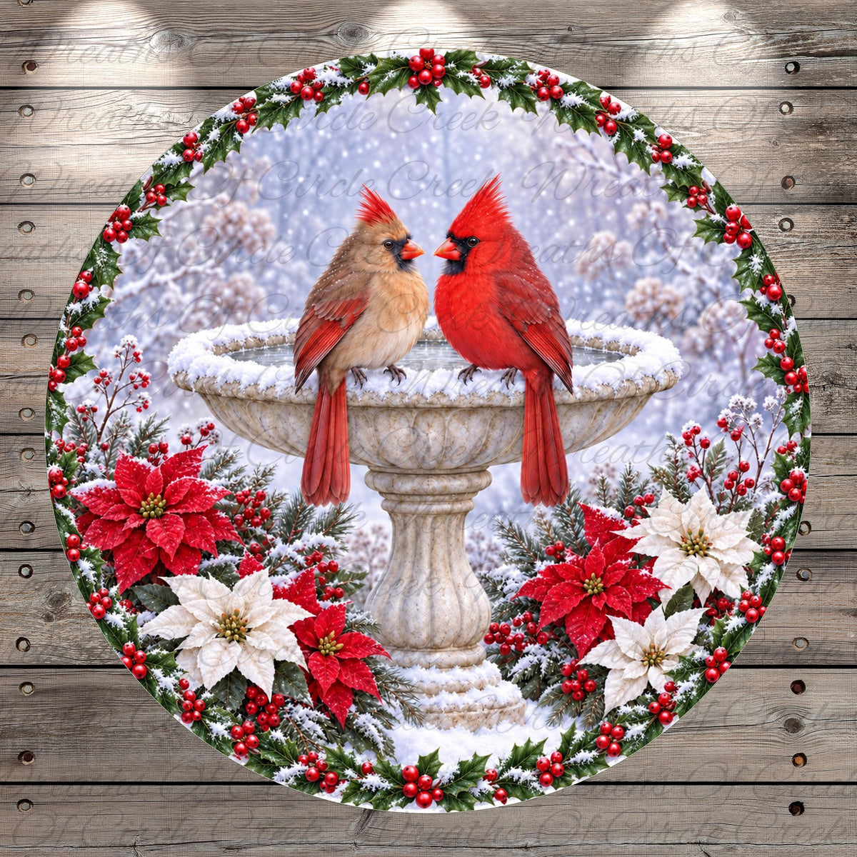 A pair of red cardinals perched on a stone bird bath, surrounded by poinsettias, berries, and a wreath of holly leaves.