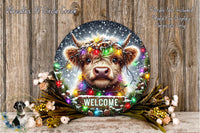 A decorative wreath featuring a cow with a festive Christmas tree and colorful lights, surrounded by flowers and a &quot;Welcome&quot; sign.