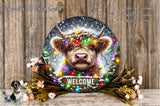 A decorative wreath featuring a cow with a festive Christmas tree and colorful lights, surrounded by flowers and a &quot;Welcome&quot; sign.