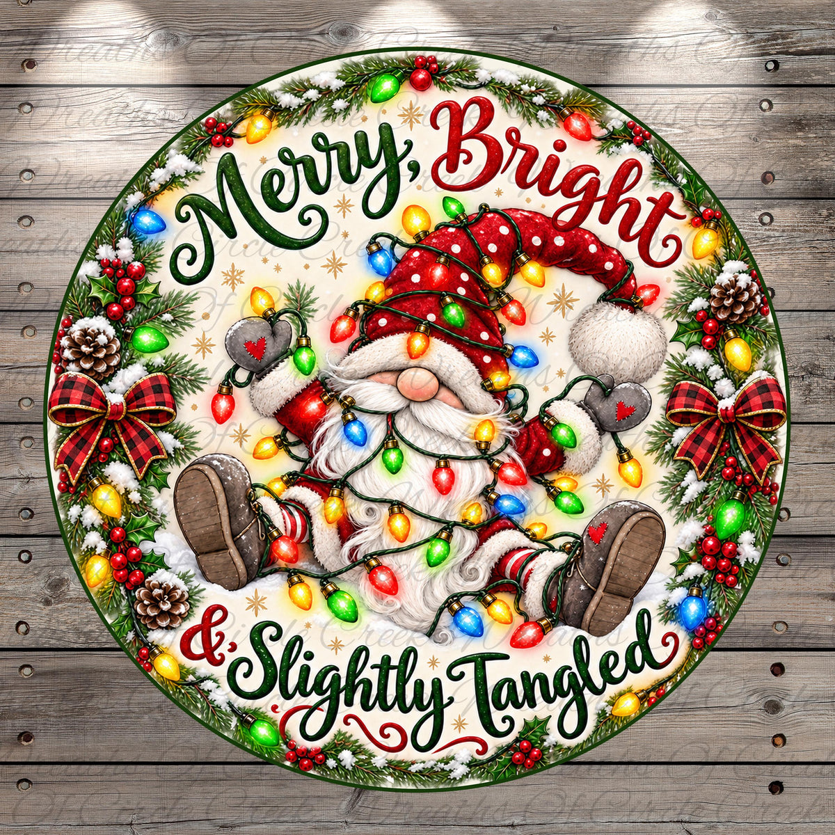 A festive Christmas-themed image featuring a smiling Santa Claus figure surrounded by colorful lights, pine cones, and holiday decorations. The text "Merry, Bright & Slightly Tangled" is displayed around the Santa Claus figure, adding a humorous touch to the holiday scene.