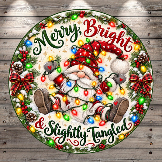 A festive Christmas-themed image featuring a smiling Santa Claus figure surrounded by colorful lights, pine cones, and holiday decorations. The text "Merry, Bright & Slightly Tangled" is displayed around the Santa Claus figure, adding a humorous touch to the holiday scene.