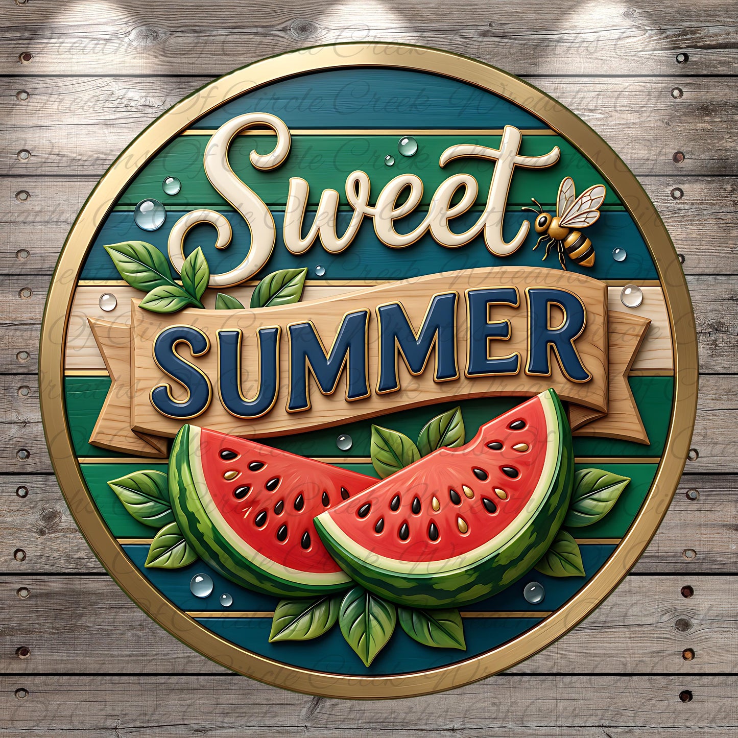 a circular sign with the text "Sweet Summer" and a watermelon slice, surrounded by leaves and a bee.