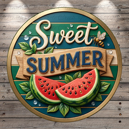 a circular sign with the text "Sweet Summer" and a watermelon slice, surrounded by leaves and a bee.