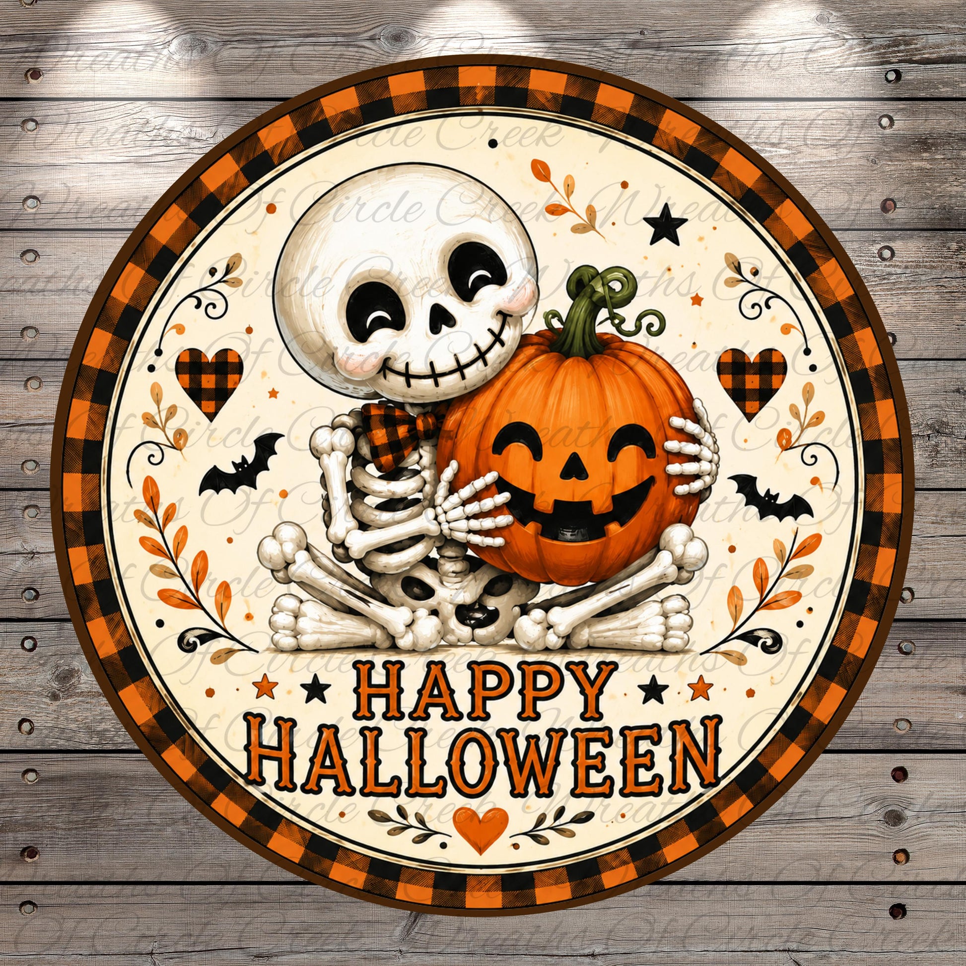 A Halloween-themed circular sign with a skeleton hugging a pumpkin, surrounded by decorative elements such as bats, leaves, and stars. The text "Happy Halloween" is displayed on the sign.