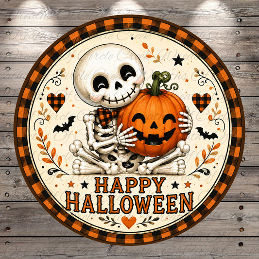 A Halloween-themed circular sign with a skeleton hugging a pumpkin, surrounded by decorative elements such as bats, leaves, and stars. The text "Happy Halloween" is displayed on the sign.
