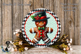 A gingerbread man wearing a black top hat and red bowtie, surrounded by a wreath of flowers and a wooden background.