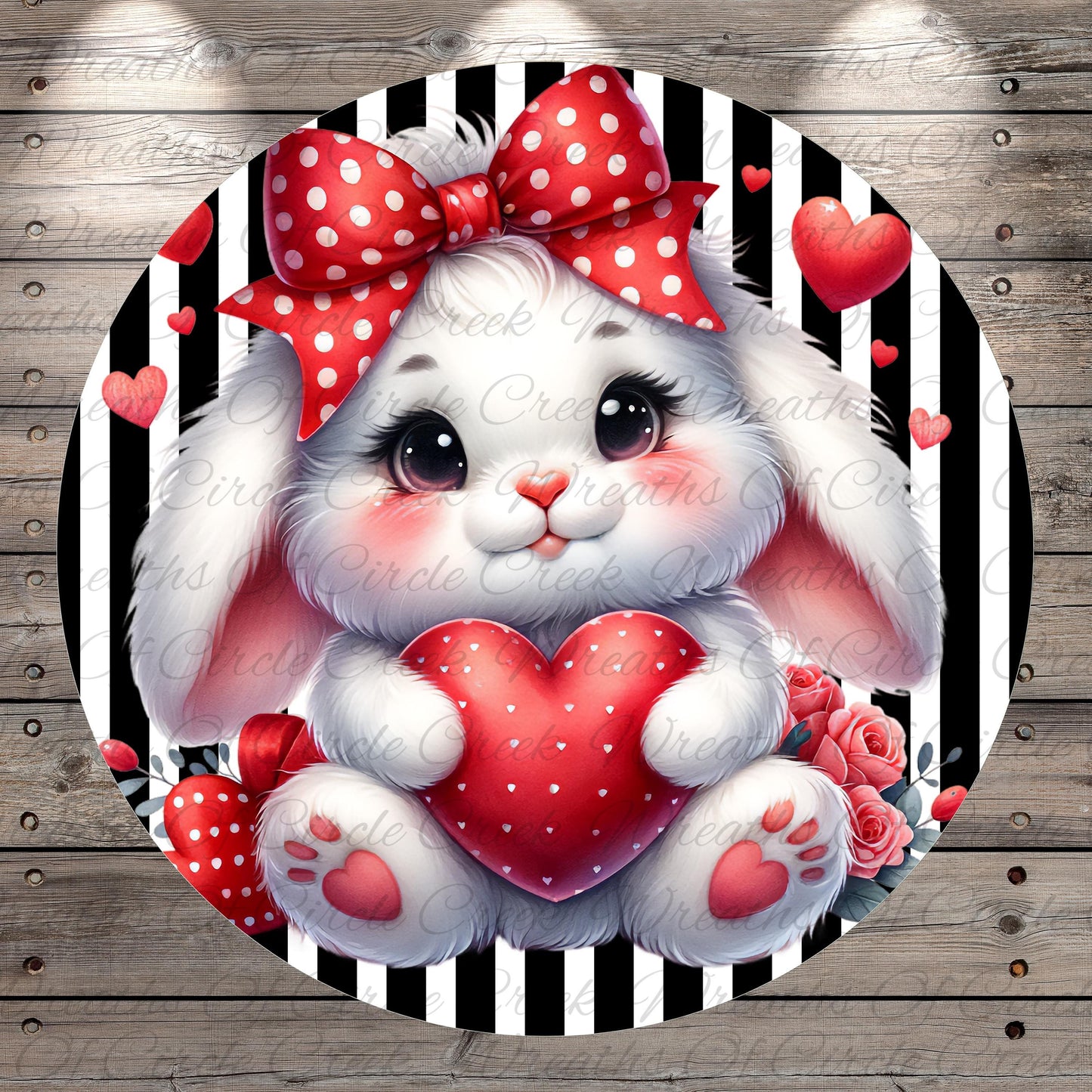 A cute white bunny with a red polka dot bow is holding a red heart-shaped object in the center of the image, surrounded by red hearts and flowers against a black and white striped background.