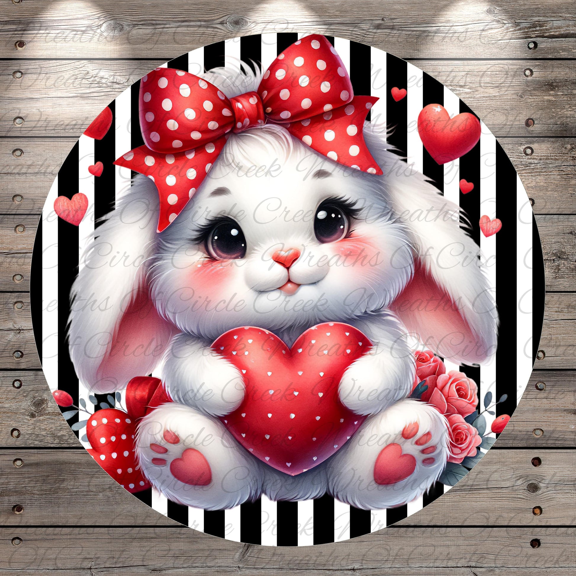 A cute white bunny with a red polka dot bow is holding a red heart-shaped object in the center of the image, surrounded by red hearts and flowers against a black and white striped background.