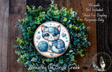 A wreath made of green leaves and a cat illustration, with a text overlay that reads "Wreath Not Included * Used For Display Purposes Only" and "Wreaths of Circle Creek".