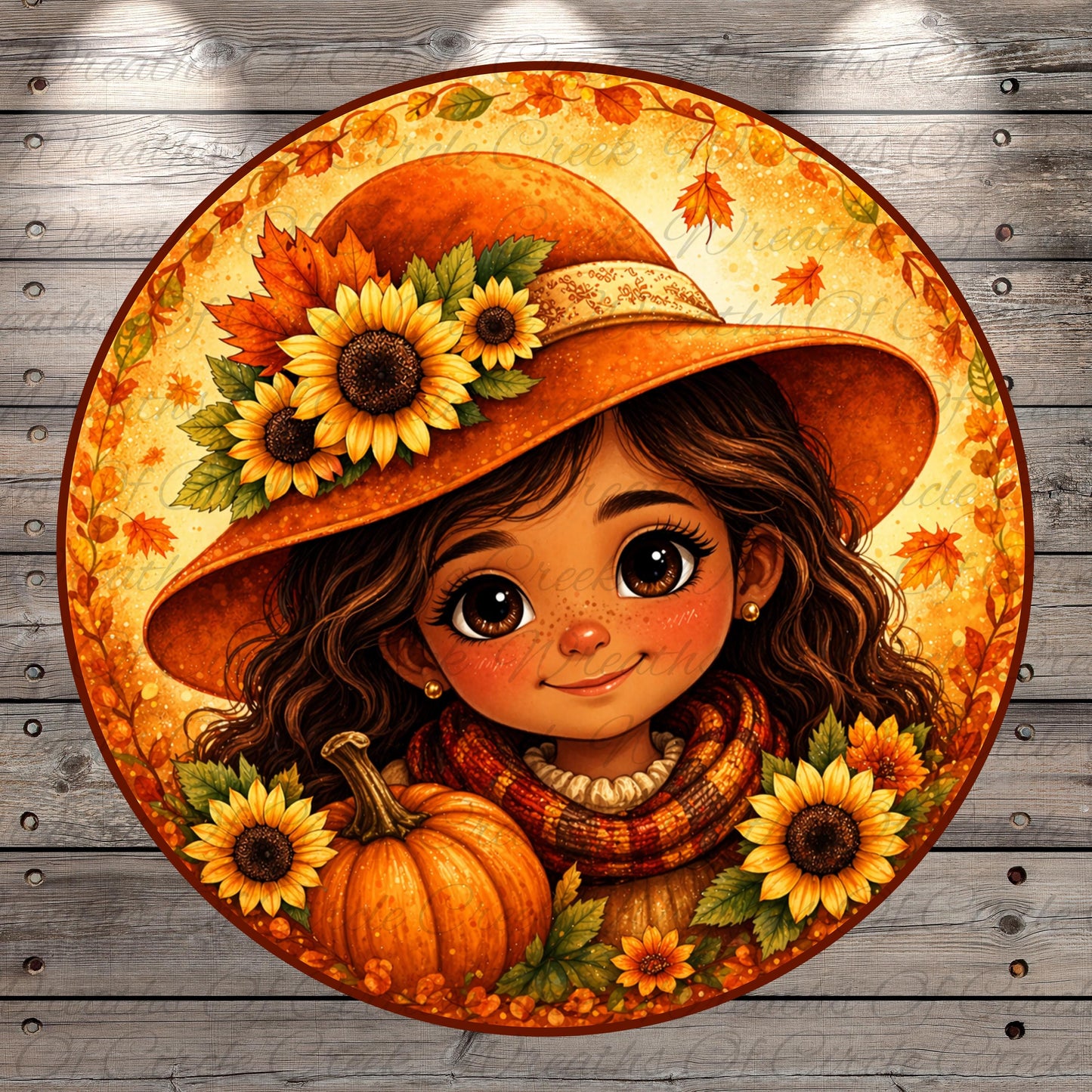 A young girl with long brown hair wearing a large orange hat decorated with sunflowers and surrounded by autumn leaves and a pumpkin.