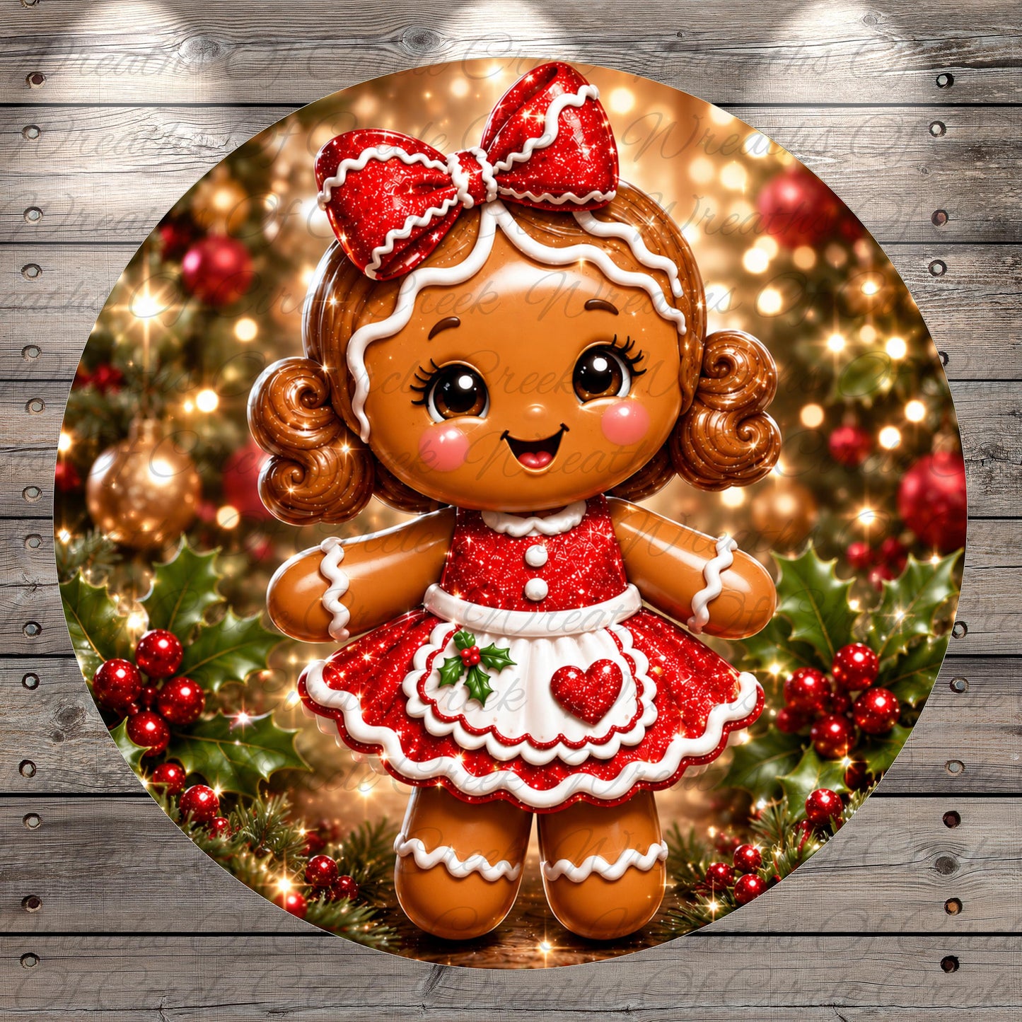 A cheerful, glittery gingerbread girl with a red bow on her head is surrounded by Christmas decorations, including berries, holly leaves, and ornaments, all set against a blurred background of twinkling lights.