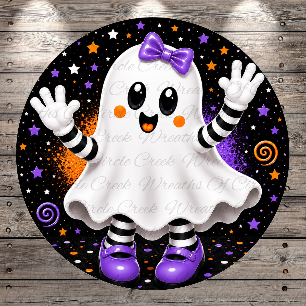 A whimsical ghost character with a purple bow and striped pants is surrounded by a starry night sky, orange and purple swirls, and a wooden background.