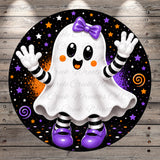 A whimsical ghost character with a purple bow and striped pants is surrounded by a starry night sky, orange and purple swirls, and a wooden background.