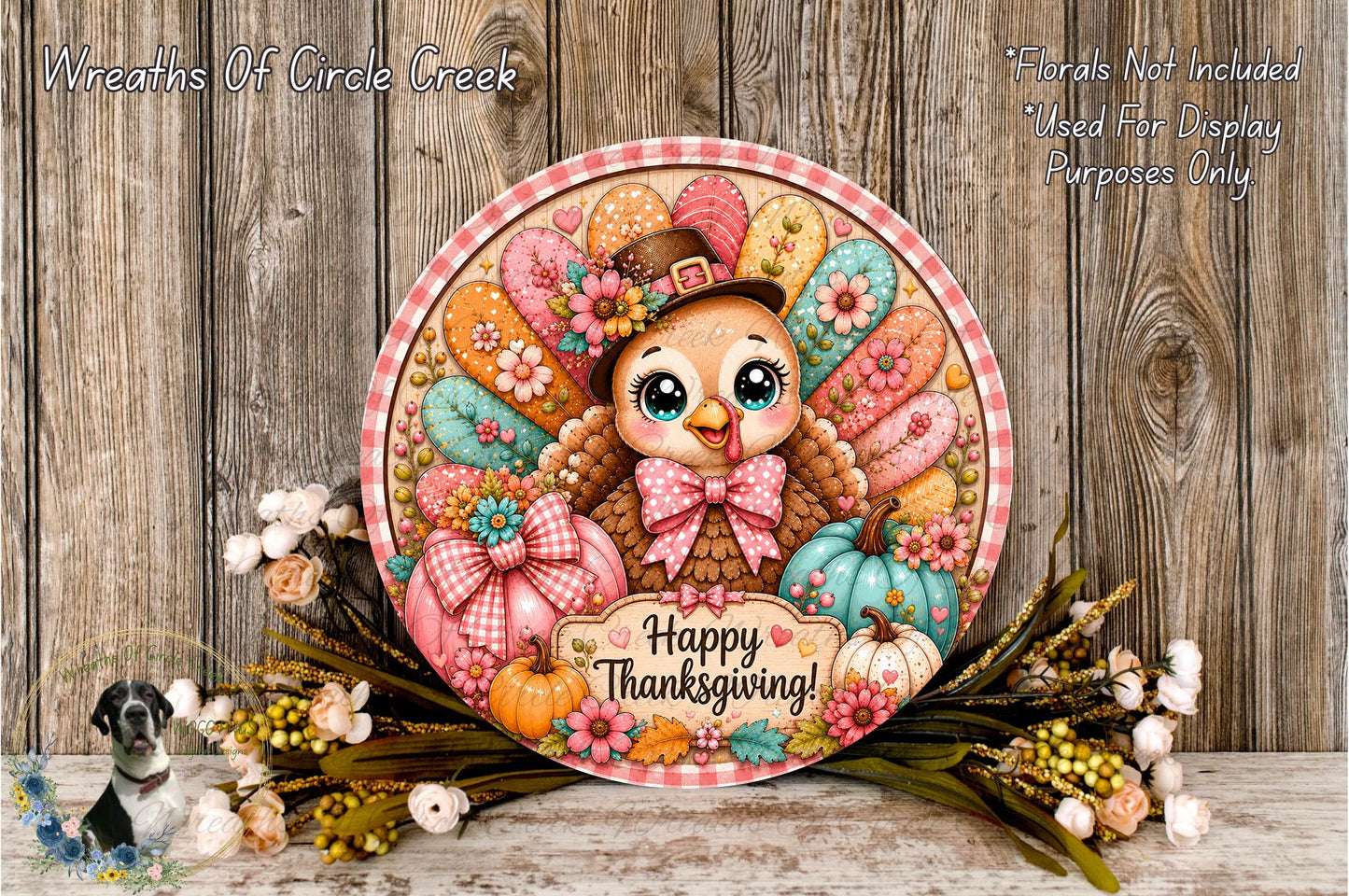 A decorative Thanksgiving wreath with a cartoon turkey, flowers, and pumpkins. The wreath has a "Happy Thanksgiving!" message on it.