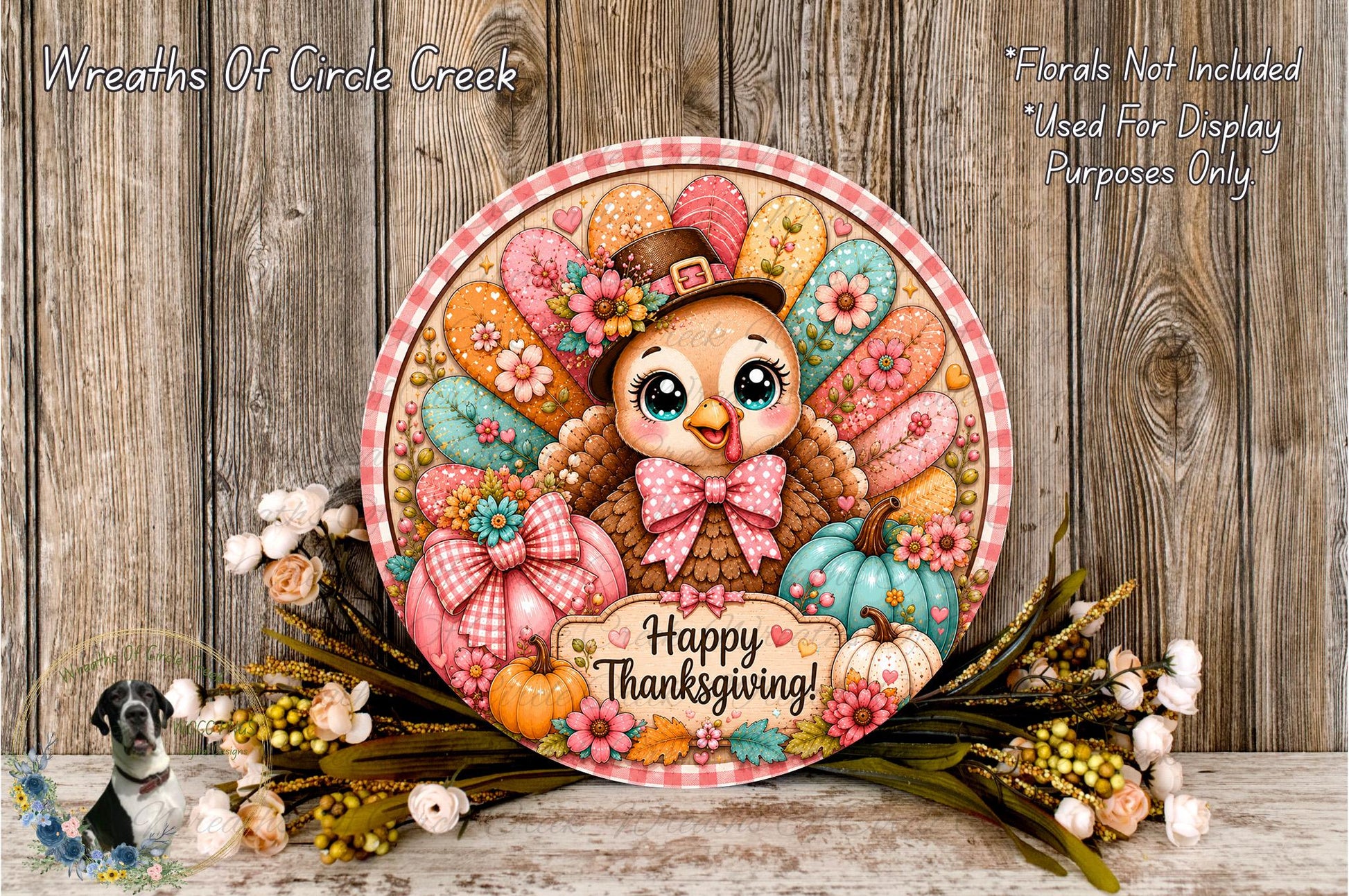 A decorative Thanksgiving wreath with a cartoon turkey, flowers, and pumpkins. The wreath has a "Happy Thanksgiving!" message on it.