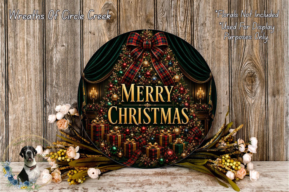 a festive Christmas wreath with the text "Merry Christmas" displayed prominently. The wreath is adorned with a variety of colorful ornaments, lights, and a large bow, creating a warm and celebratory holiday atmosphere. The wreath is set against a rustic wooden background, adding to the overall charm and coziness of the scene.
