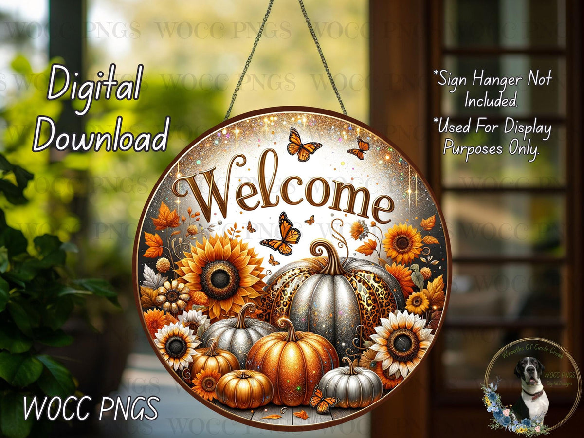 The image is a digital download of a welcome sign featuring a circular design with a variety of autumn-themed elements, including pumpkins, sunflowers, and butterflies.
