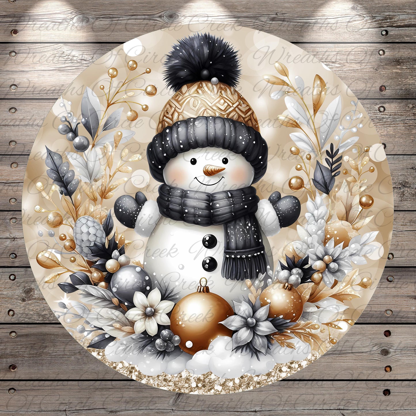 A snowman wearing a black and gold hat and scarf, surrounded by a wreath of snowflakes, pine cones, and other winter decorations, all set against a wooden background.