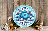 Stay Salty Fish Sign | Lightweight Round Metal Wreath Sign | No Holes in Sign | Coastal Beach House Decor