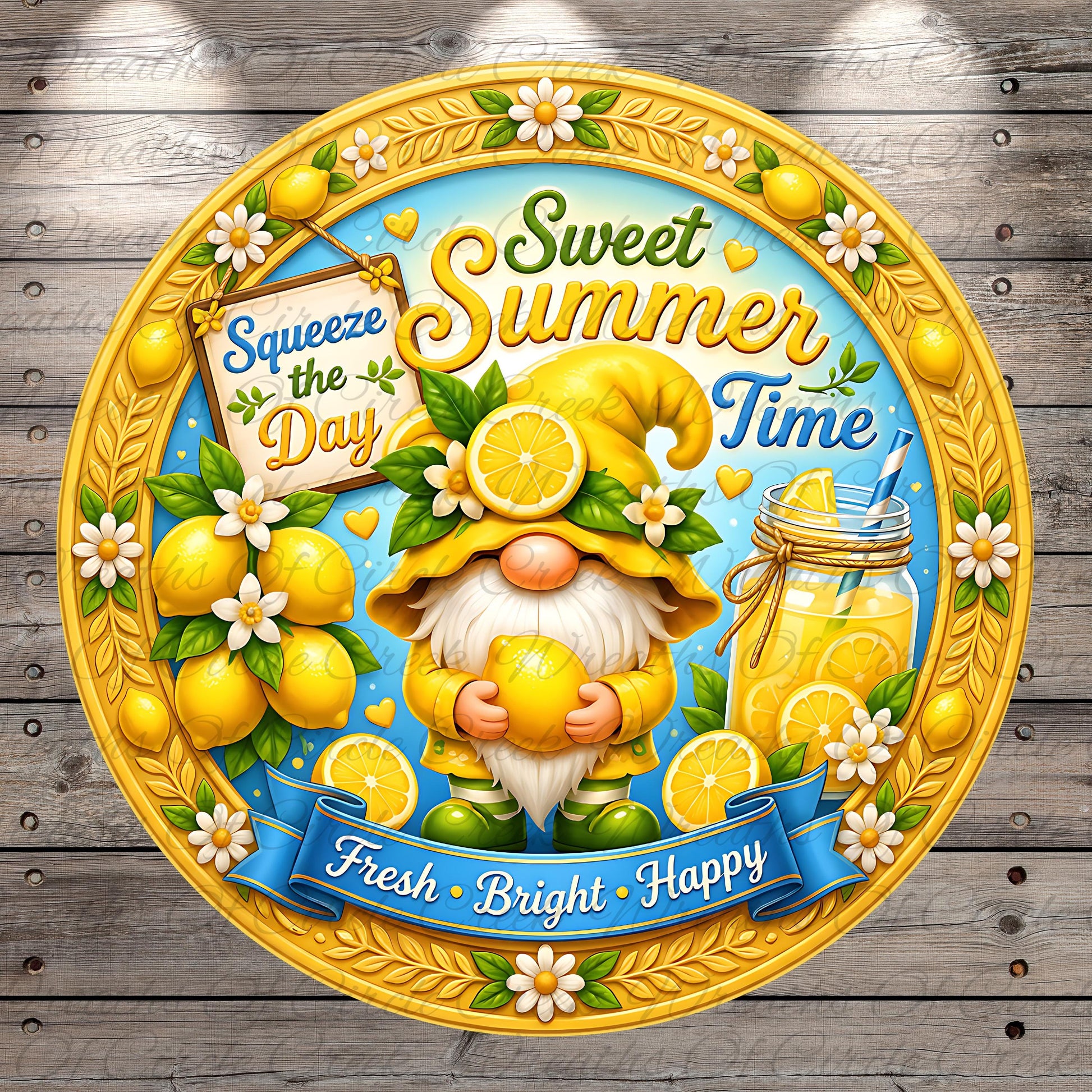 A cheerful illustration of a gnome surrounded by various summer-themed elements, including lemons, flowers, and a lemonade glass. The gnome is holding a lemon and appears to be enjoying the summertime.
