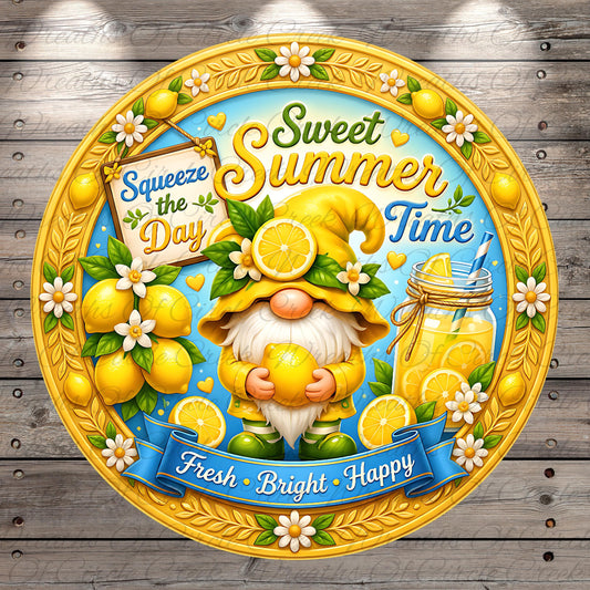 A cheerful illustration of a gnome surrounded by various summer-themed elements, including lemons, flowers, and a lemonade glass. The gnome is holding a lemon and appears to be enjoying the summertime.