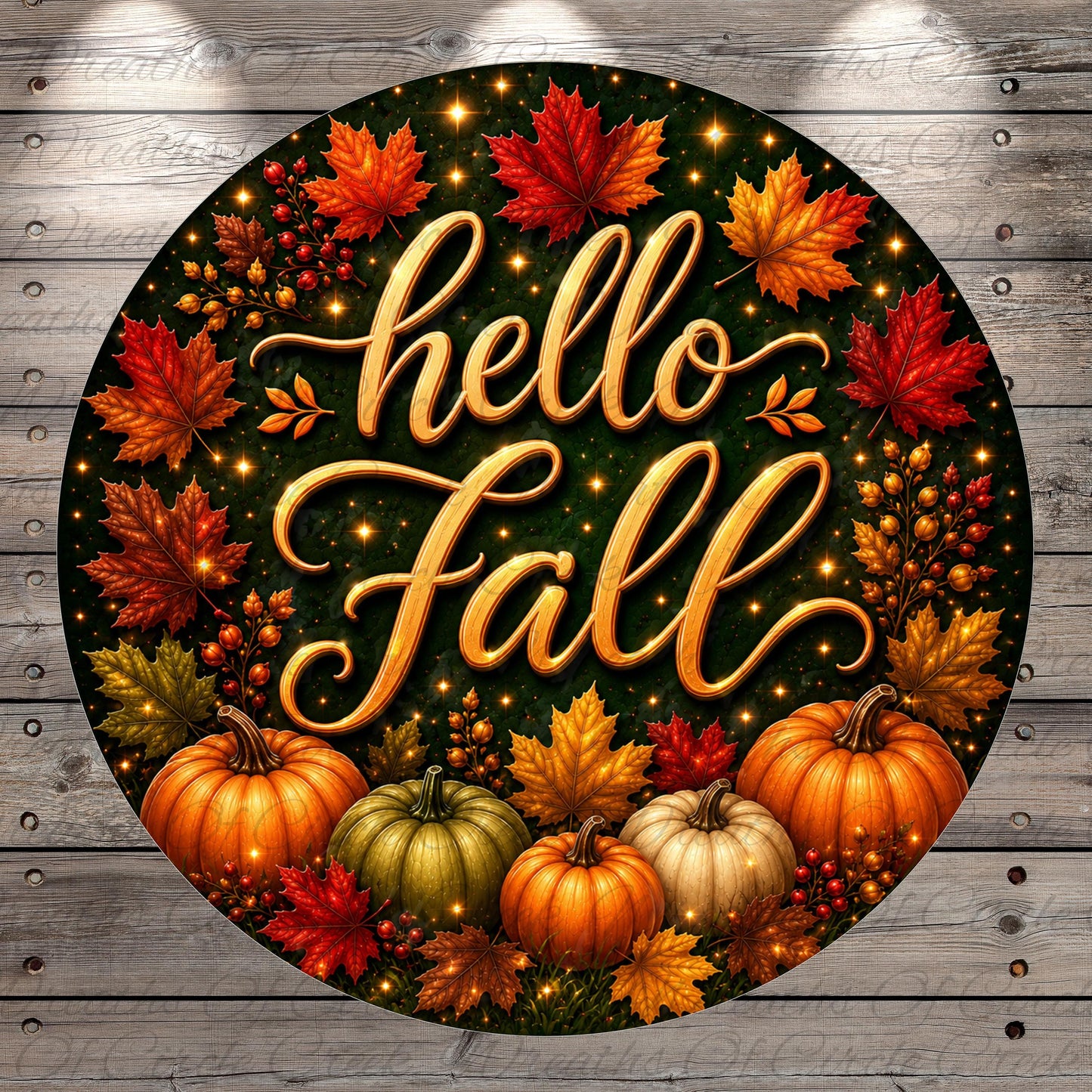 a circular arrangement of autumn leaves, pumpkins, and a golden cursive text that reads "Hello Fall".