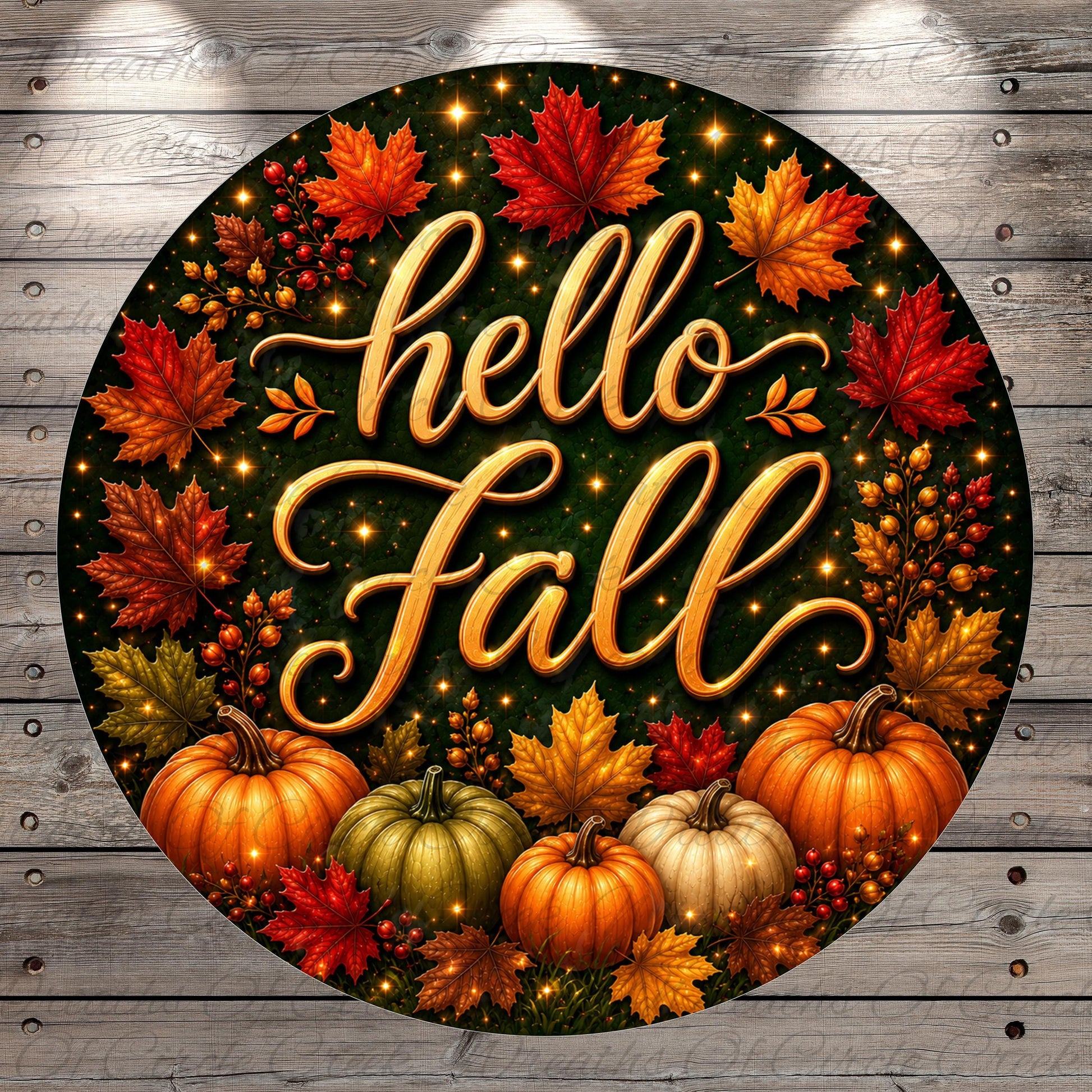 a circular arrangement of autumn leaves, pumpkins, and a golden cursive text that reads "Hello Fall".