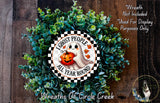 a wreath made of green foliage and a pumpkin, with a ghost holding a pumpkin in the center. The wreath is described as a "Wreath Not Included" and "All Year Round" decoration, and it is used for display purposes only. The image is a collage of multiple images, and the phrase "Wreaths of Circle Creek" is written at the bottom.