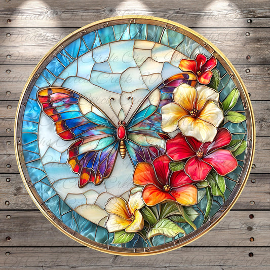 A colorful stained glass butterfly with flowers adorns a circular frame, set against a wooden background.