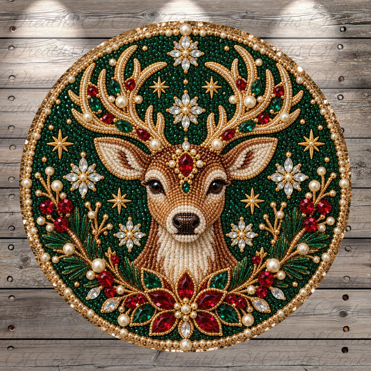 A detailed and ornate circular ornament featuring a deer head surrounded by a lush green background adorned with red and white flowers, pearls, and gemstones.
