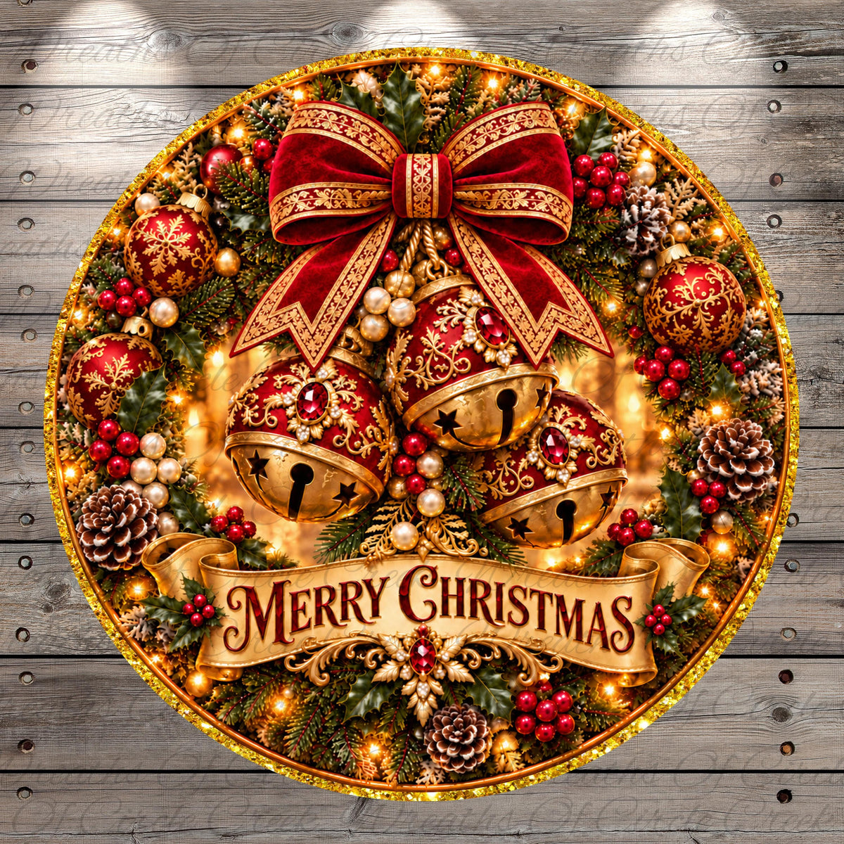 A beautifully decorated Christmas wreath with bells, berries, pine cones, and a large red bow, all set against a wooden background. The wreath is adorned with the text "Merry Christmas" and features a large red bow at the center.