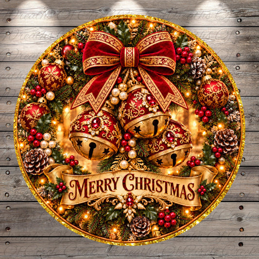 A beautifully decorated Christmas wreath with bells, berries, pine cones, and a large red bow, all set against a wooden background. The wreath is adorned with the text "Merry Christmas" and features a large red bow at the center.