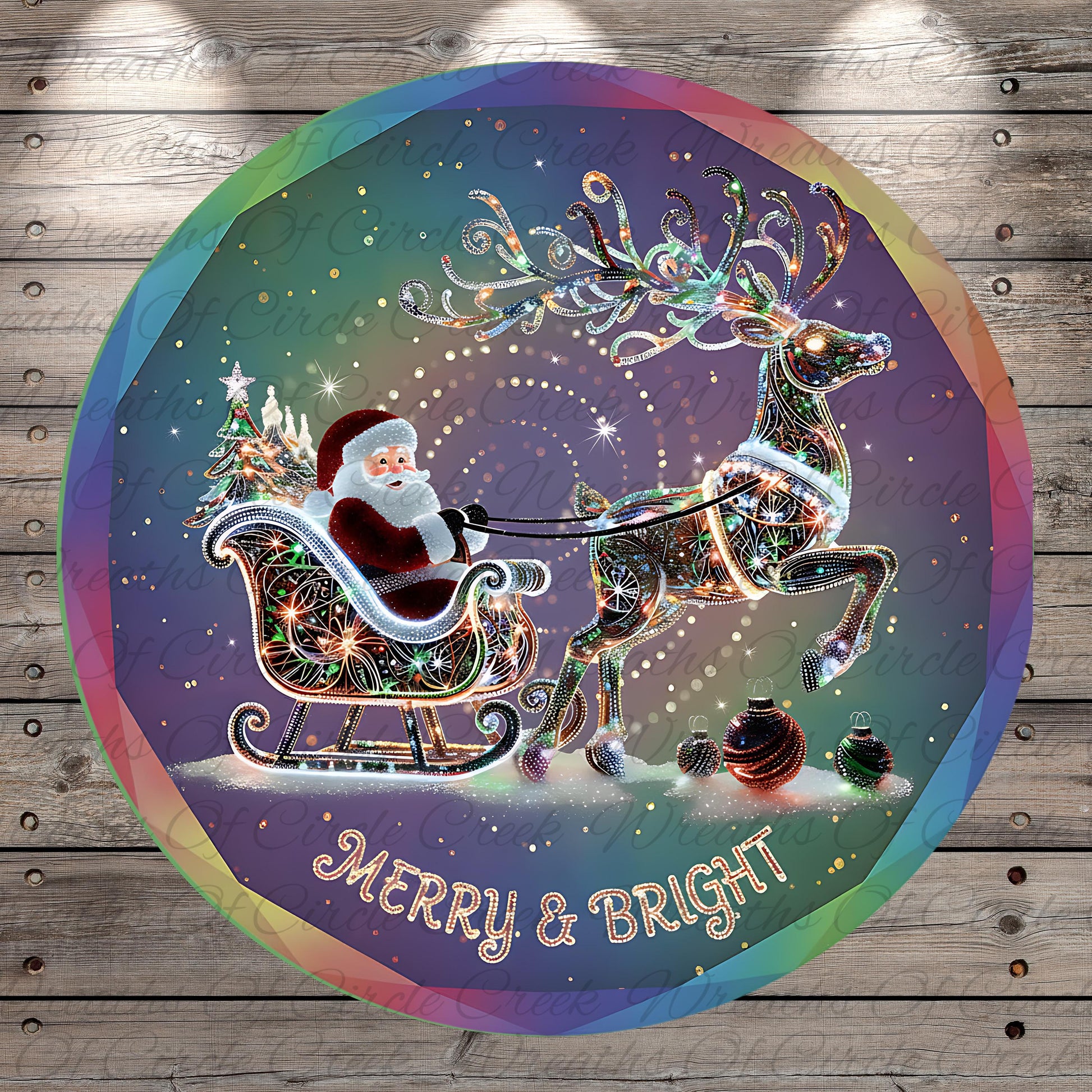Santa Claus riding a decorated sleigh pulled by a reindeer, with a colorful, illuminated background and the text "Merry & Bright" at the bottom.