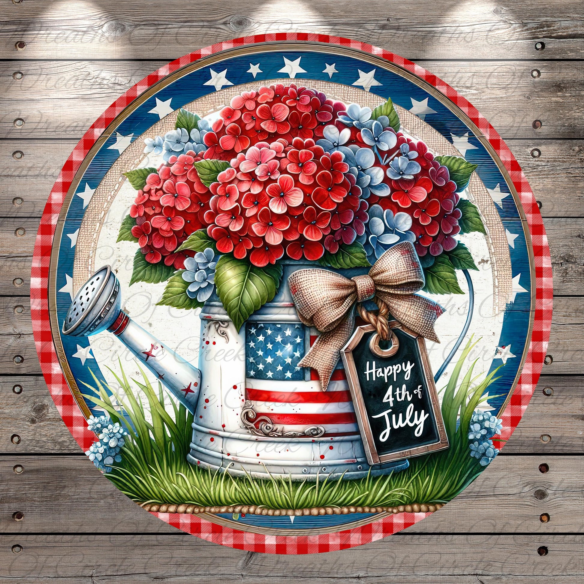 A round, decorative plate with a patriotic design featuring a watering can filled with red hydrangeas and blue hydrangeas, surrounded by a red, white, and blue border. The plate also has a black and white "Happy 4th July" sign.