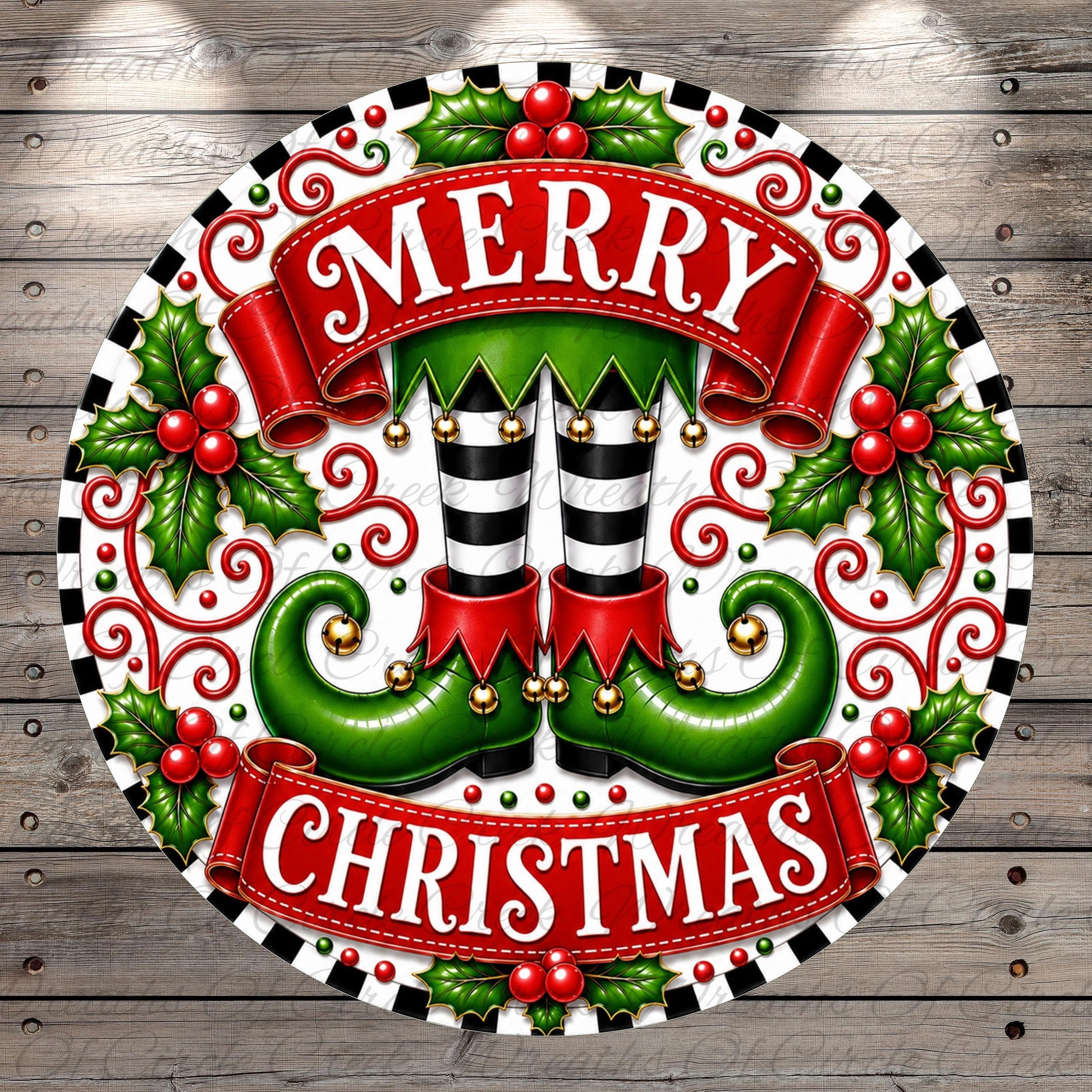 A festive Christmas-themed design featuring a circular banner with the text "MERRY CHRISTMAS" surrounded by decorative elements such as holly leaves, berries, and a pair of green and black striped boots.