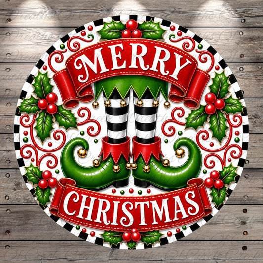 A festive Christmas-themed design featuring a circular banner with the text "MERRY CHRISTMAS" surrounded by decorative elements such as holly leaves, berries, and a pair of green and black striped boots.