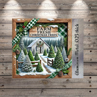 The image is a framed collage depicting a snowy Christmas scene with a barn, trees, and a path leading to a house. The collage is framed in a wooden frame and includes a sign that reads "Farm Fresh Christmas Trees".