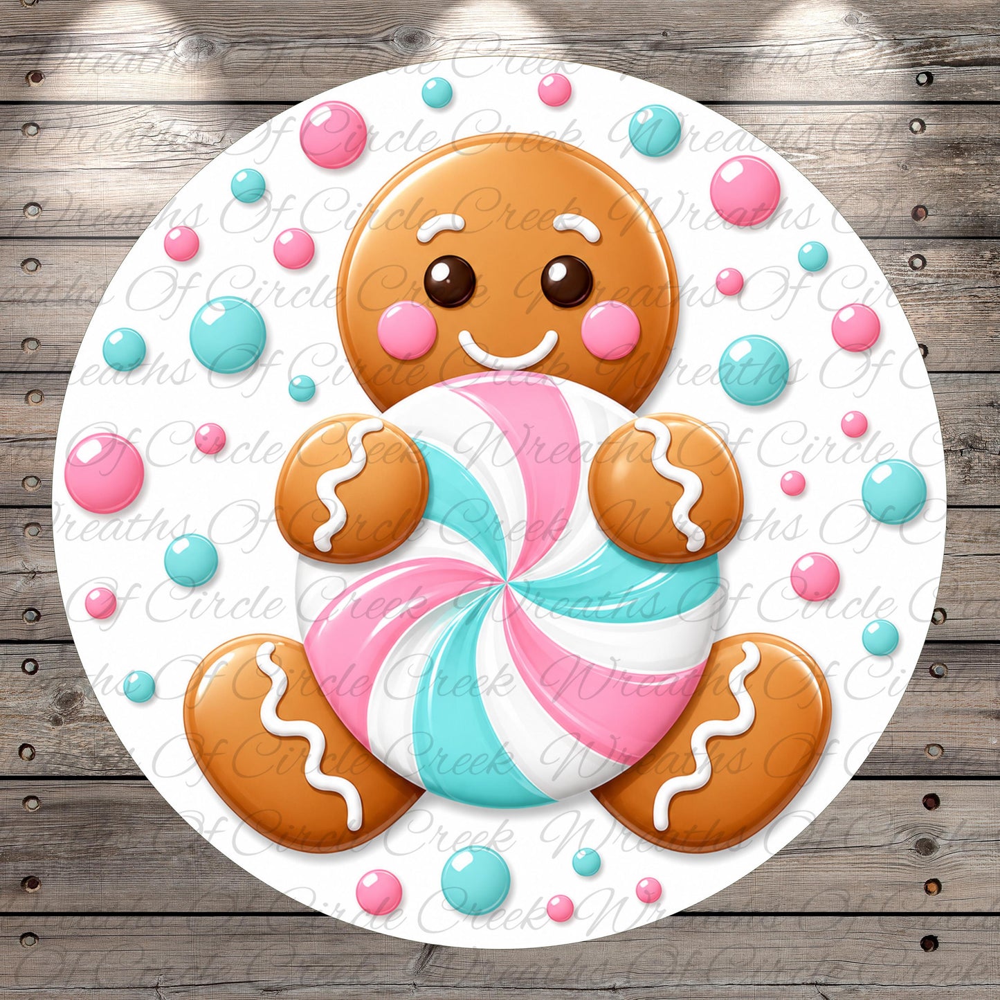 A gingerbread man holding a colorful candy in front of him, surrounded by various candy shapes in different colors.