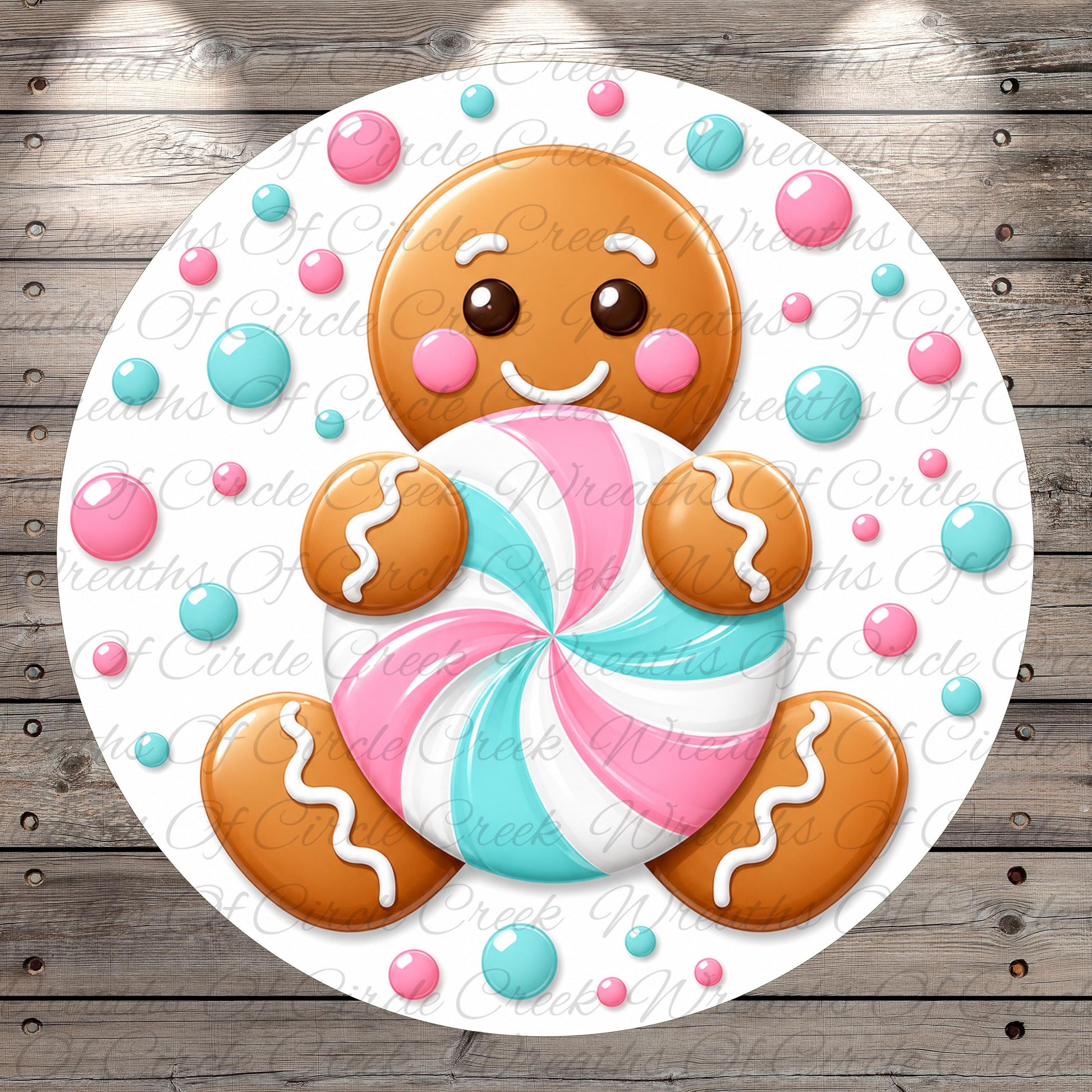 A gingerbread man holding a colorful candy in front of him, surrounded by various candy shapes in different colors.