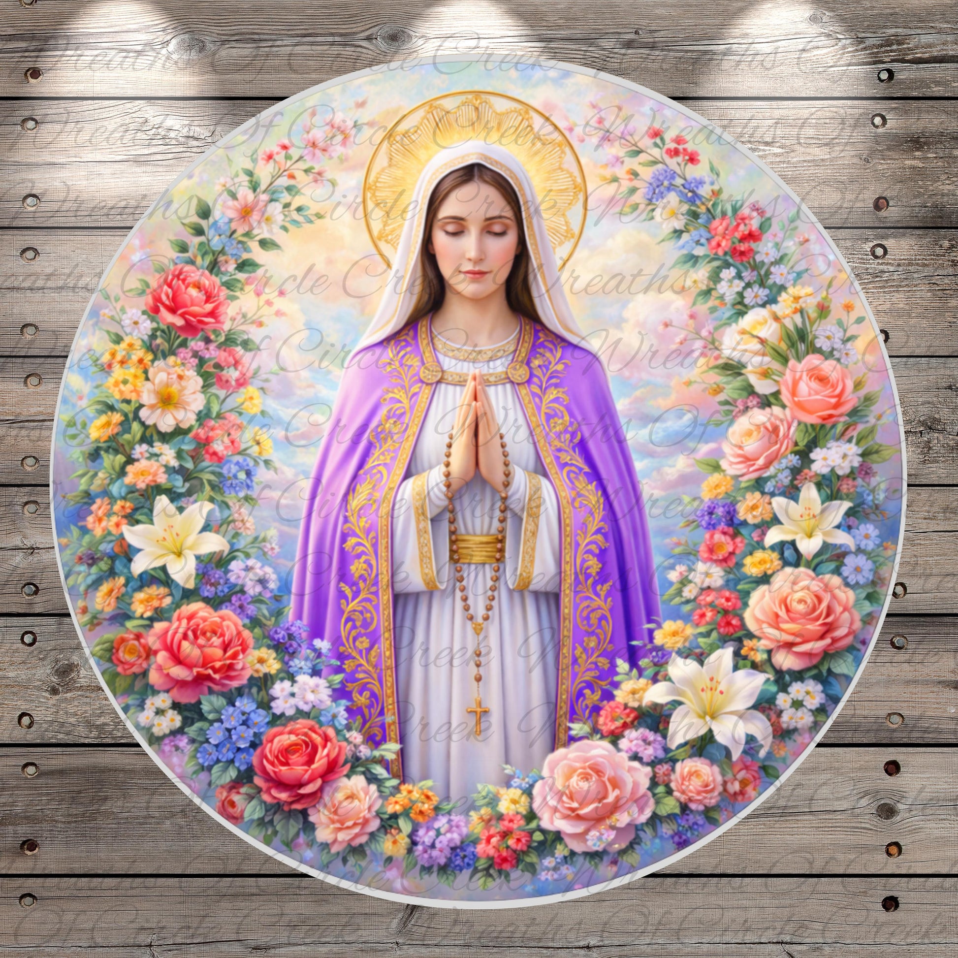 A circular image depicting the Virgin Mary surrounded by a vibrant floral border, with a halo above her head.