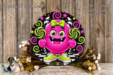 A whimsical, cartoonish monster character with horns and a bow tie is surrounded by colorful spiral designs and flowers, creating a playful and festive atmosphere.