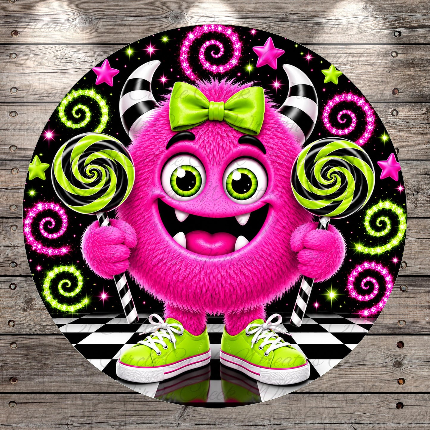 A pink, furry monster with horns and a bow tie is holding two lollipops and surrounded by colorful spiral patterns and stars on a black and white checkered background.