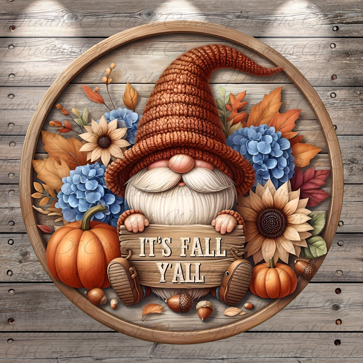 A gnome wearing a knitted hat and holding a sign that says "It's Fall Yall" surrounded by autumn-themed decorations such as flowers, pumpkins, and acorns.