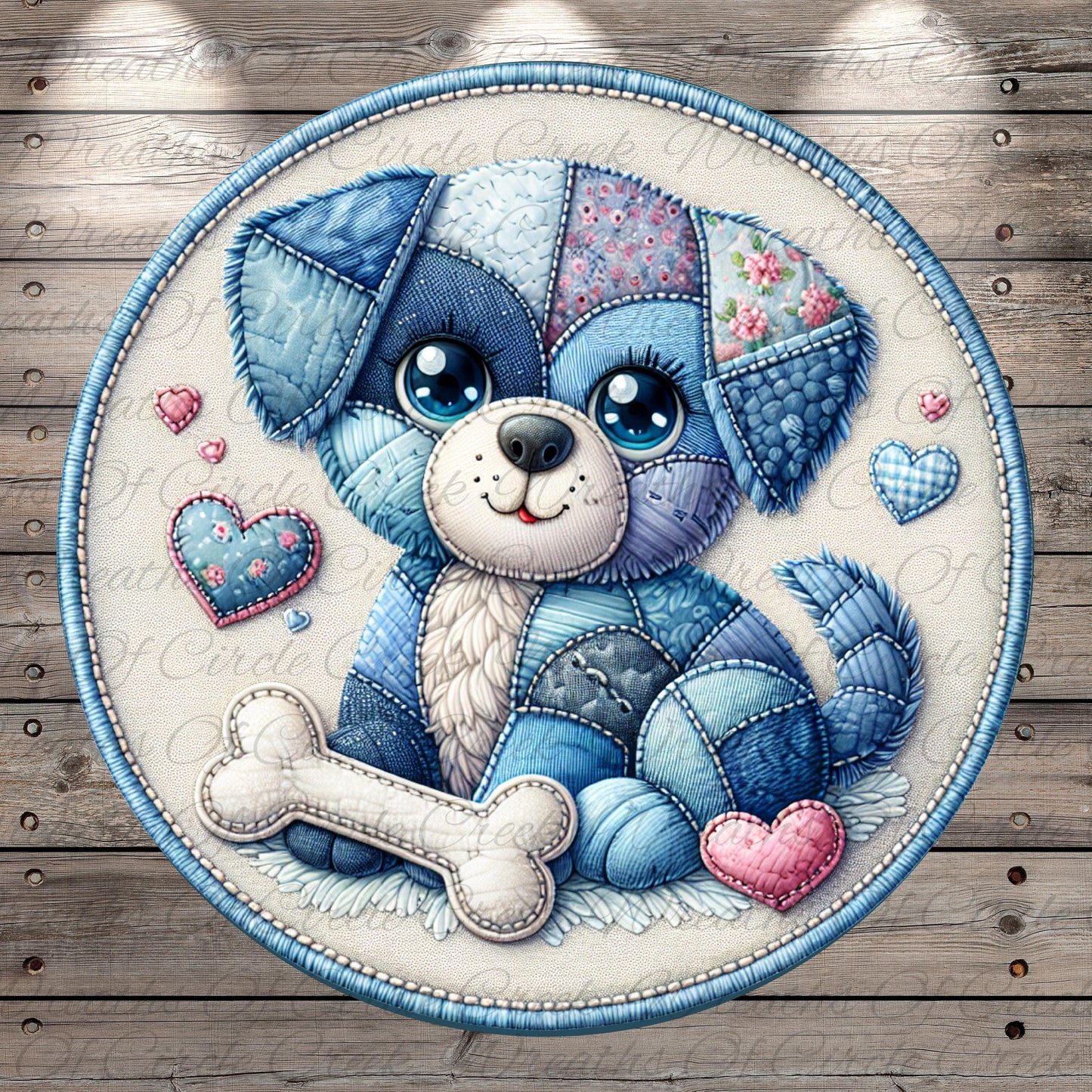 A round, decorative plate featuring a blue and white dog with a bone, surrounded by hearts and other decorative elements.